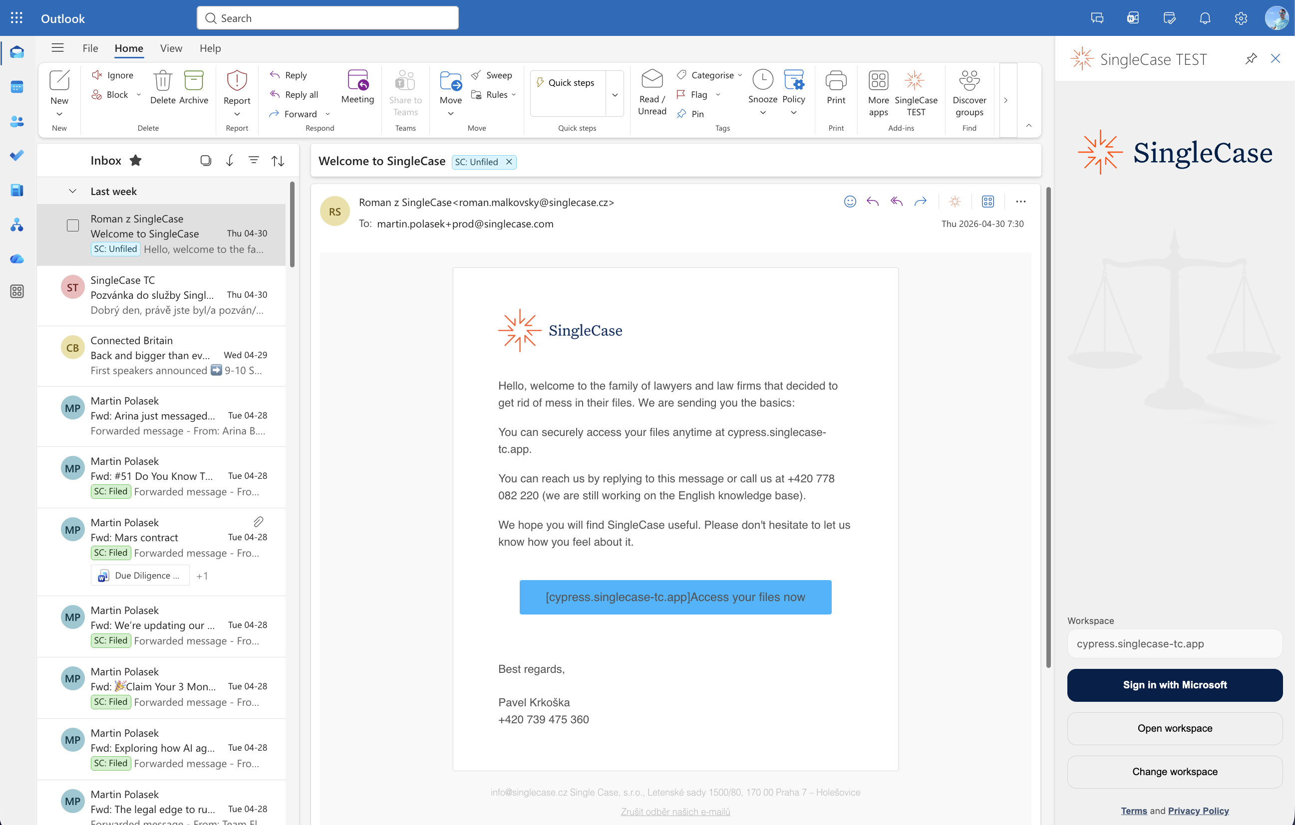 SingleCase Outlook Add-in — taskpane view in Outlook on the Web
